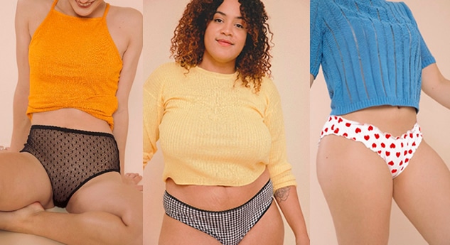 Jeune femme cheveux bouclés avec un pull jaune et une culotte de marque éthique we are jolies