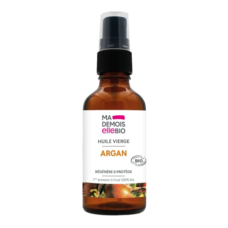 Flacon spray ambré Mademoiselle Bio Huile Vierge Argan 1ère pression à froid 100% biologique, soin régénérant et protecteur visage corps et cheveux, certifié bio