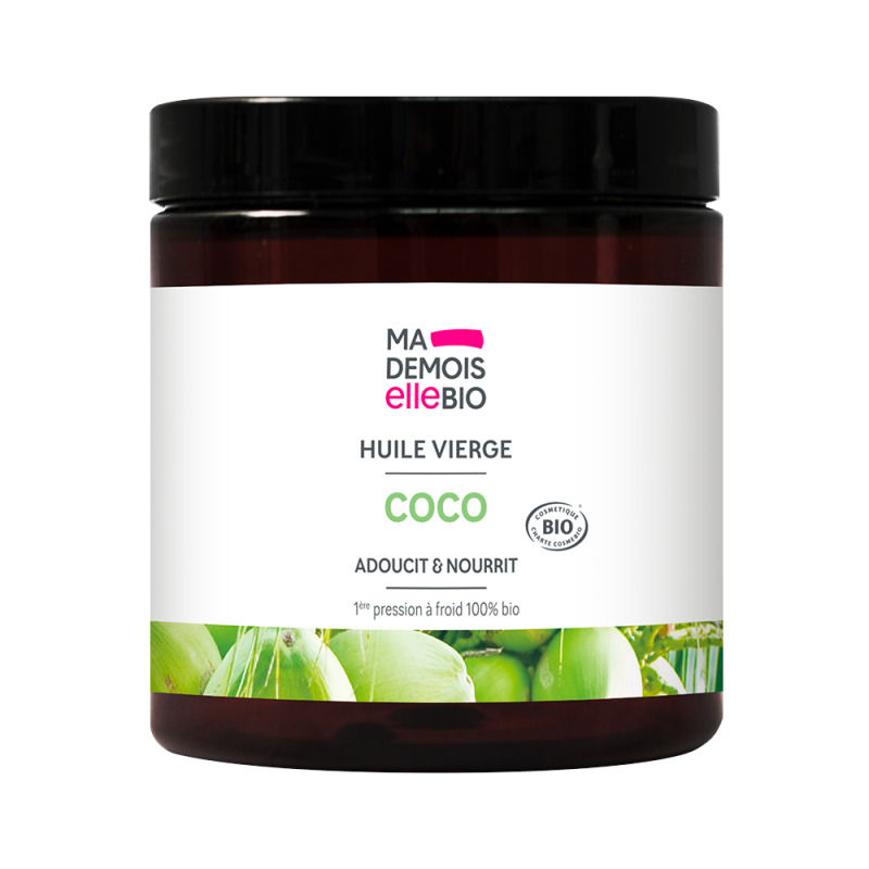 Grand pot ambré Mademoiselle Bio Huile Vierge Coco 1ère pression à froid 100% biologique, soin adoucissant et nourrissant visage corps et cheveux, certifié bio Cosmétique