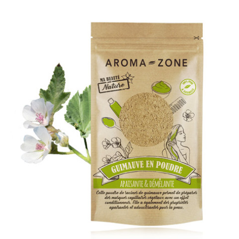 Sachet kraft Aroma-Zone Guimauve en Poudre Ma Beauté Nature, poudre de racines apaisante et démêlante 100% naturelle, pour masques capillaires detox pour le cuir chevelu et soins peau, avec fleur de guimauve