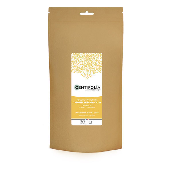 Sachet kraft doré Centifolia La Cosméto-Botanique Poudre Tinctoriale Camomille Matricaire 50g, soin capillaire naturel 100% végétal pour reflets dorés et éclaircissement cheveux clairs, ingrédient idéal pour les masque capillaire detox pour le cuir chevelu 