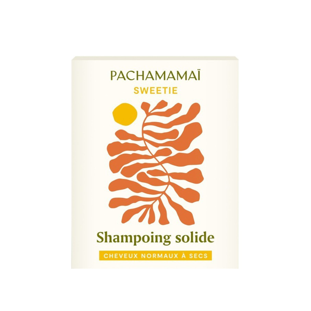 Pain de shampoing solide Pachamamaï gamme Sweetie, pour cheveux normaux à secs, packaging carton blanc et orange avec illustration botanique, cosmétique solide zéro déchet