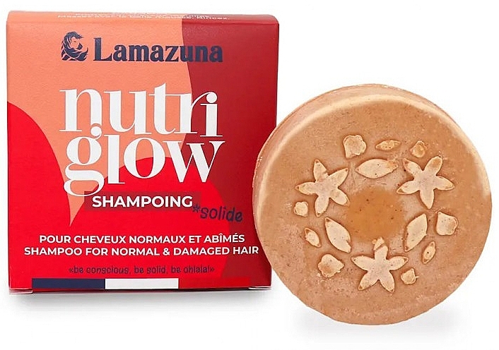 Pain et boîte rouge et orange du shampoing solide Lamazuna Nutri Glow, soin nourrissant pour cheveux normaux et abîmés, cosmétique solide zéro déchet fabriqué en France