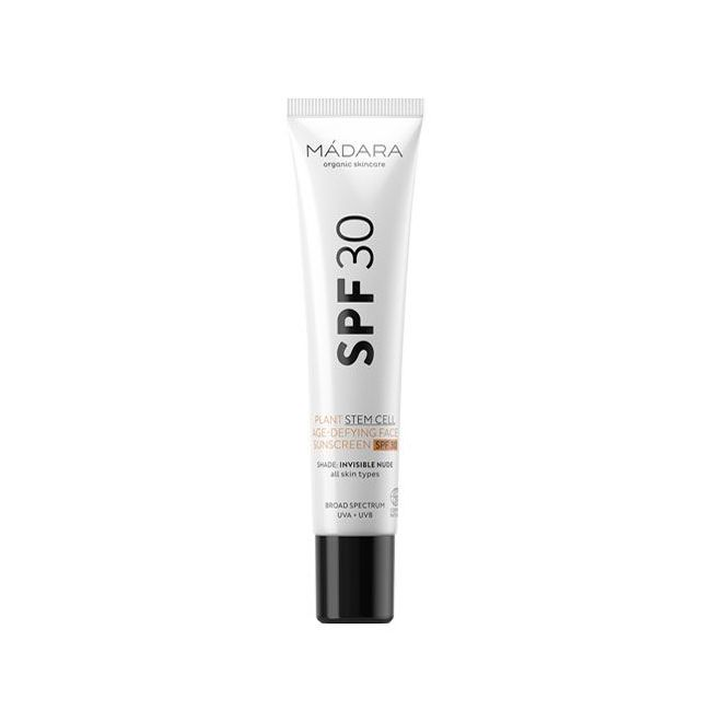 MÁDARA SPF30 Age-Defying Face Sunscreen – solaire visage anti-âge cellules souches végétales"
Tube blanc et noir MÁDARA Organic Skincare SPF30 Plant Stem Cell Age-Defying Face Sunscreen, teinte Invisible Nude, protection large spectre UVA+UVB, tous types de peau, certifié Ecocert"