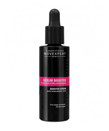 Novexpert Sérum Booster acide hyaluronique.
Flacon pipette noir avec étiquette rose fuchsia du Sérum Booster à l'Acide Hyaluronique Laboratoires Novexpert Paris, formule tous types de peau. Flacon 30ml.
