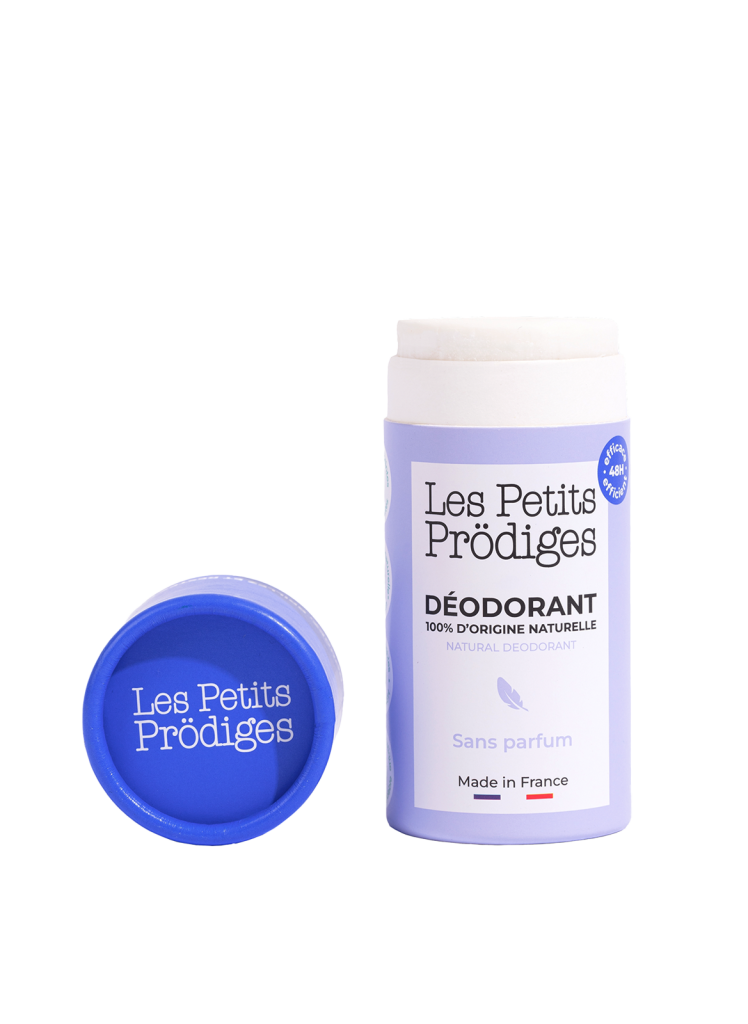 Déodorant naturel Les Petits Prödiges sans parfum dans son tube en carton biodégradable violet. Produit 100% d'origine naturelle fabriqué en France avec efficacité 48h.