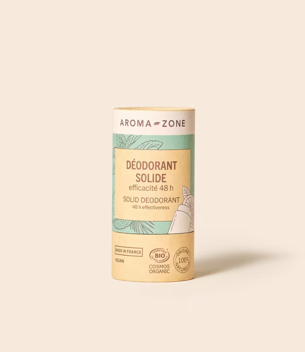 Déodorant solide Aroma-Zone certifié Bio Cosmos Organic en tube carton. Efficacité 48h, 100% d'origine naturelle, vegan et fabriqué en France.