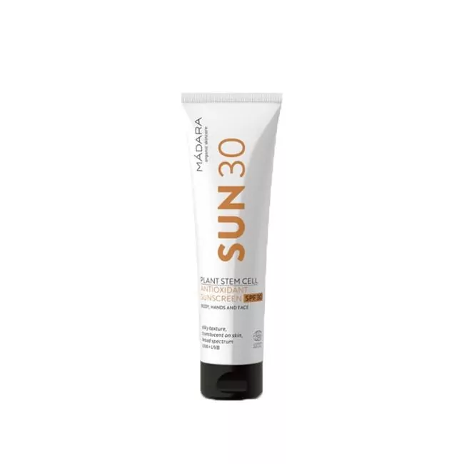 Lait solaire MÁDARA SUN 30 Antioxidant pour le corps, les mains et le visage, protection solaire minérale naturelle à large spectre contre le vieillissement cutané.