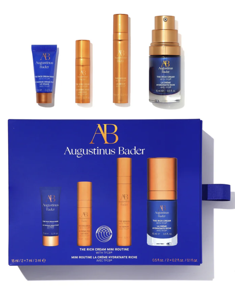 Coffret cosmétiques de noël bleu roi et orange de la marque Augustinus Bader