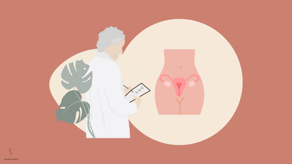 Visuel graphique avec l'uterus apparent dans le corps d'une femme étudié par un homme en blouse blanche