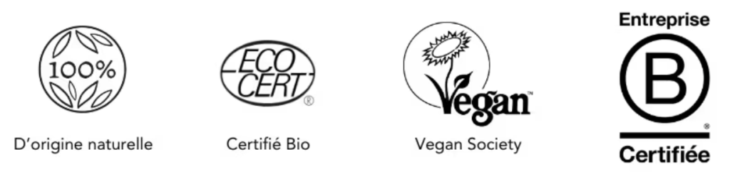 Logos de certifications 100% d'origine naturelle, Ecocert, vegan society et Bcorp