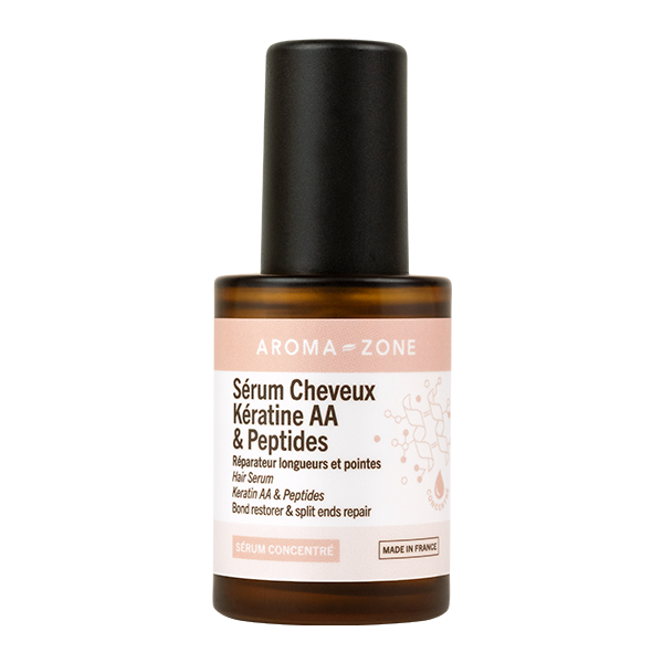 Flacon en verre de sérum cheveux  kératine et peptides de la marque Aromazone 