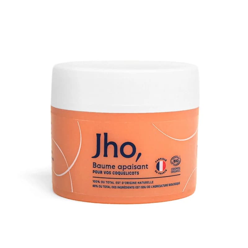 Pot orange et blanc JHO Baume Apaisant Pour vos Coquelicots, soin intime 100% d'origine naturelle, 88% d'ingrédients issus de l'agriculture biologique, fabriqué en France, certifié Cosmos Organic