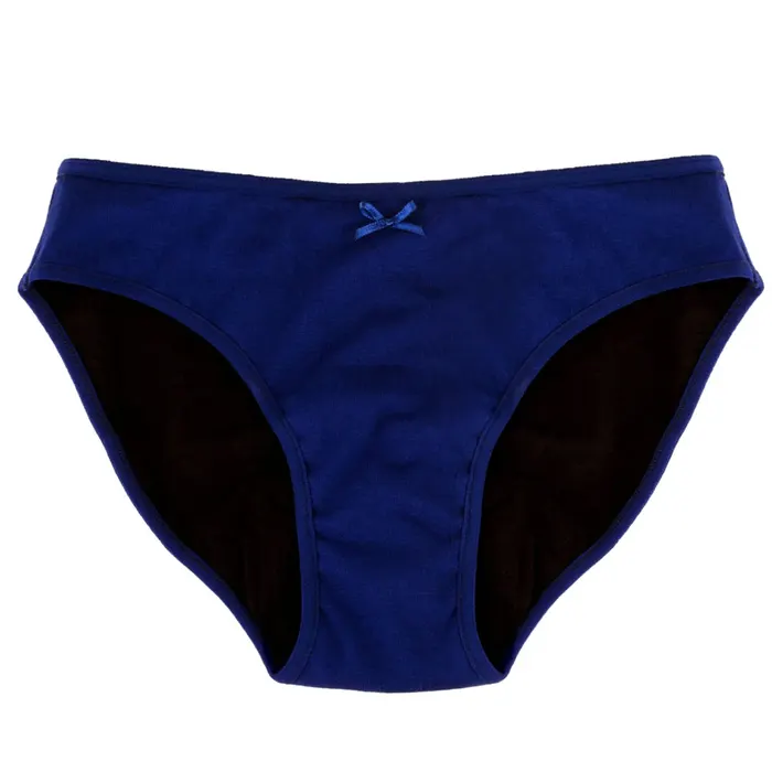 Culotte menstruelle JHO modèle bikini coloris bleu marine avec nœud satin et zone absorbante intégrée, alternative écologique aux protections jetables