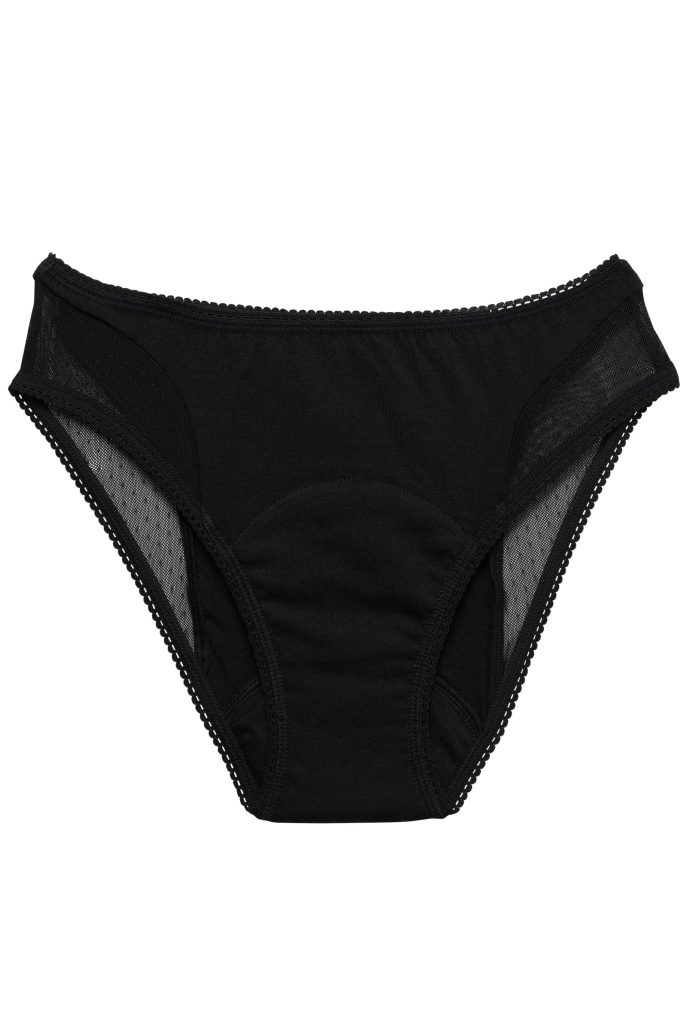 Culotte menstruelle JHO modèle bikini noir avec côtés en résille, finitions dentelle et zone absorbante centrale intégrée, alternative écologique aux protections périodiques jetables