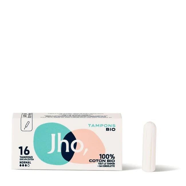 Boîte et tampon JHO Tampons Bio sans applicateur, 16 tampons taille Normal en 100% coton biologique avec cordelette, packaging blanc turquoise et rose