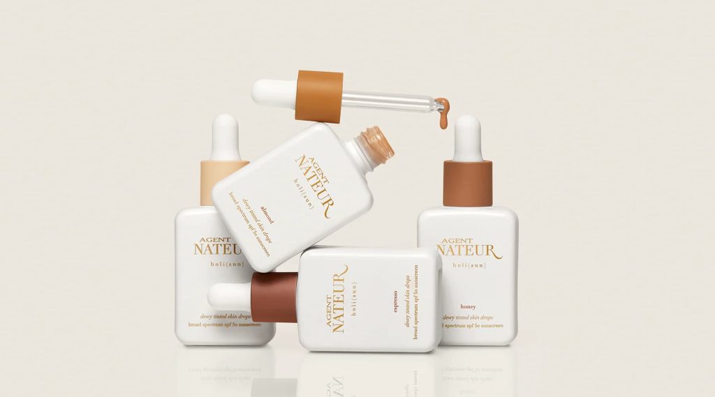Agent Nateur Holi(sun) SPF 50 - collection complète de gouttes teintées effet bonne mine en 3 teintes almond, honey et espresso, flacons compte-gouttes avec pipette, écran solaire minéral spectre large