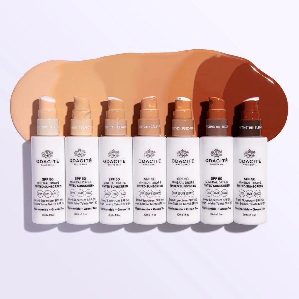 Odacité California SPF 50 Mineral Drops Tinted Sunscreen - écran solaire teinté 7 teintes Flex-Perfecting 01 à 05, broad spectrum UVA UVB PA++, niacinamide + green tea, 30ml